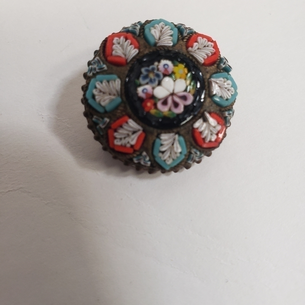 MICRO Mosaic Millefiori Brass Brooch Pin Made in Italy Floral Leaf Wreath - Picture 7 of 7
